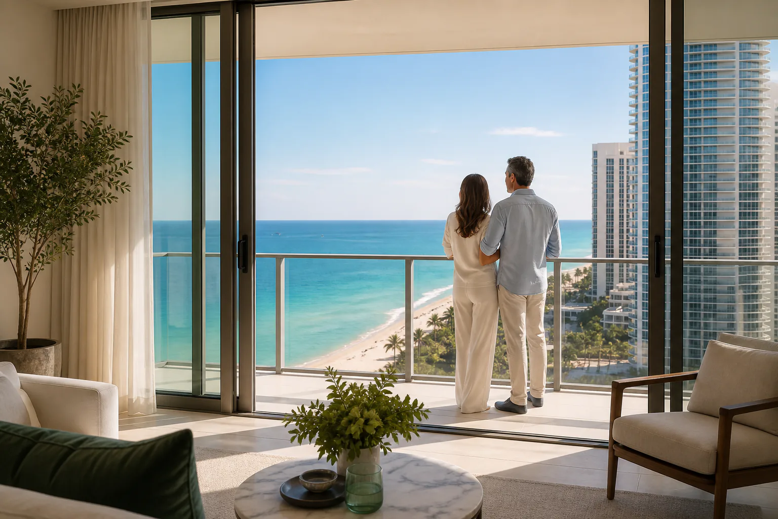 Pareja chilena contemplando el mar desde un condominio en Sunny Isles, Florida
